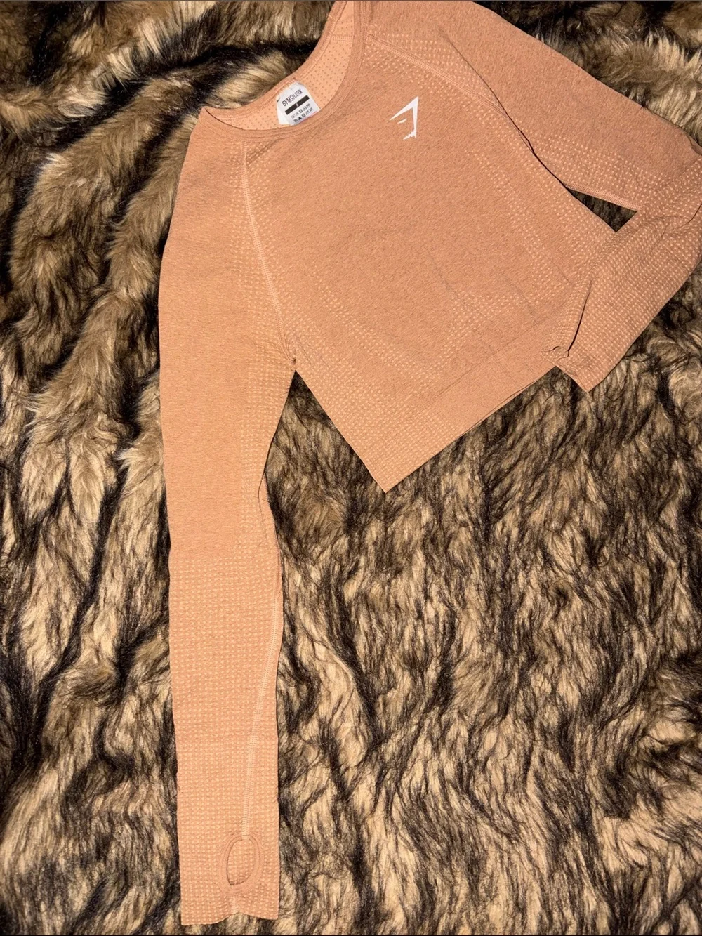 GYMSHARK Brown Long Sleeve Crew Neck Cropped Workout Athletic Top Size Small